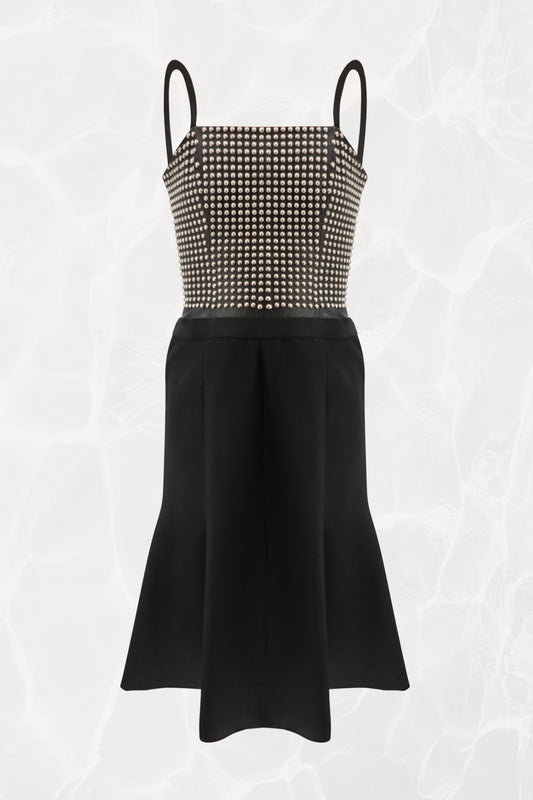 Loewe by Narciso Rodriguez AW01 studded leather dress front view: full metal-studded leather corset bodice with elastic shoulder straps and paneled black silk flare skirt, AW2001