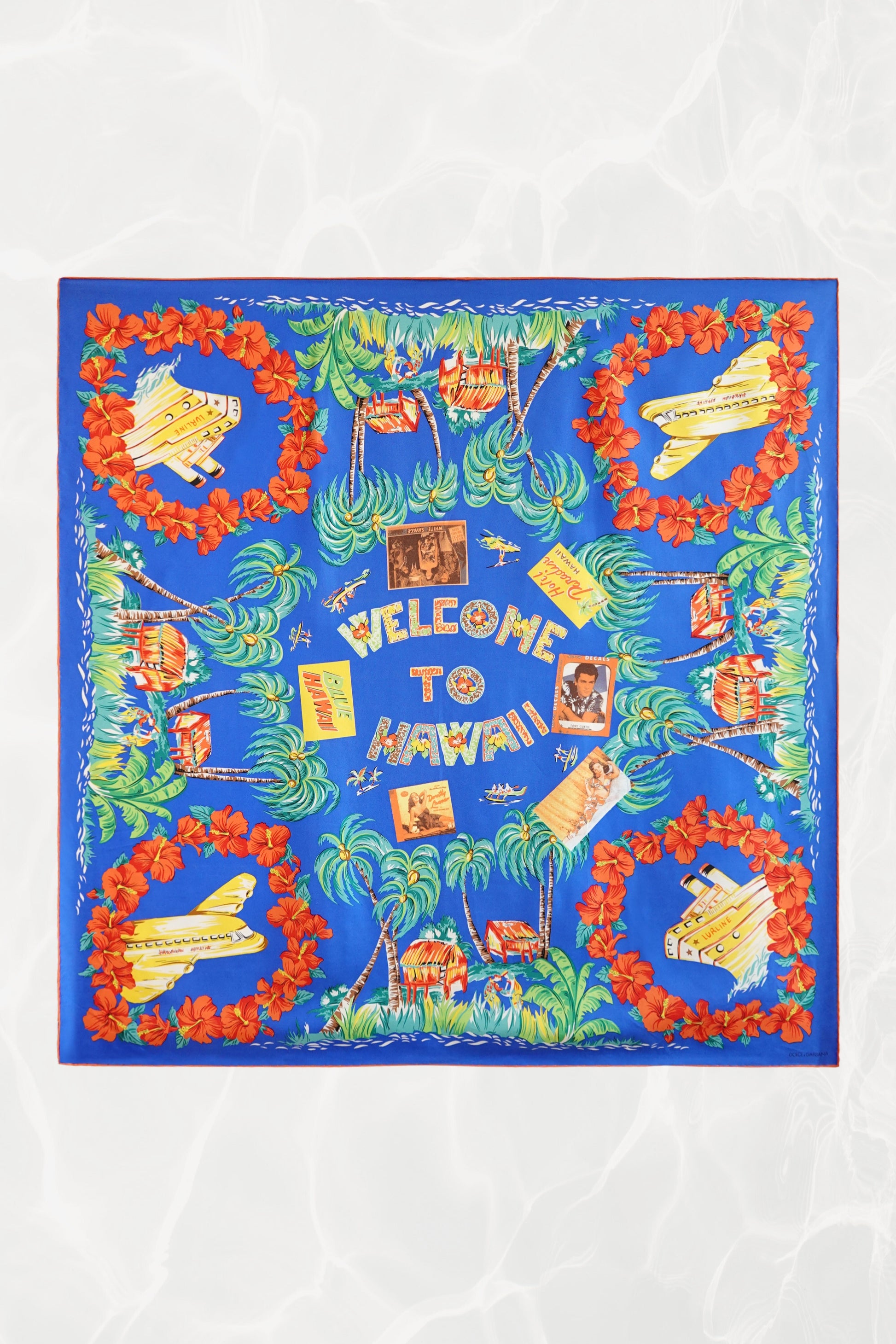 “Welcome to Hawaii” Hula Post Card Novelty Print Silk Scarf, Circa 1990s