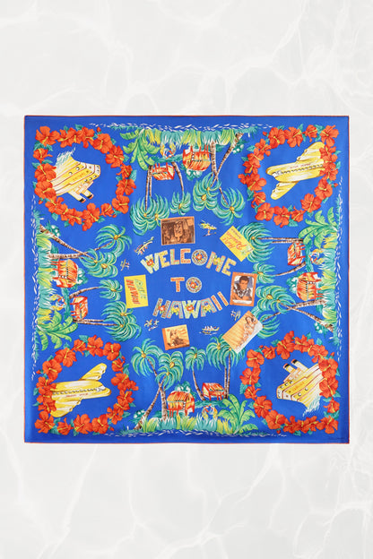 “Welcome to Hawaii” Hula Post Card Novelty Print Silk Scarf, Circa 1990s