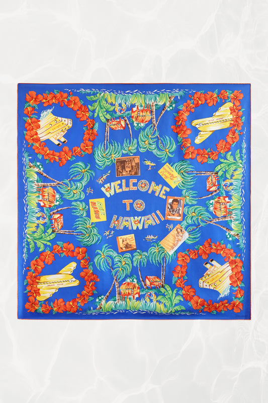 “Welcome to Hawaii” Hula Post Card Novelty Print Silk Scarf, Circa 1990s