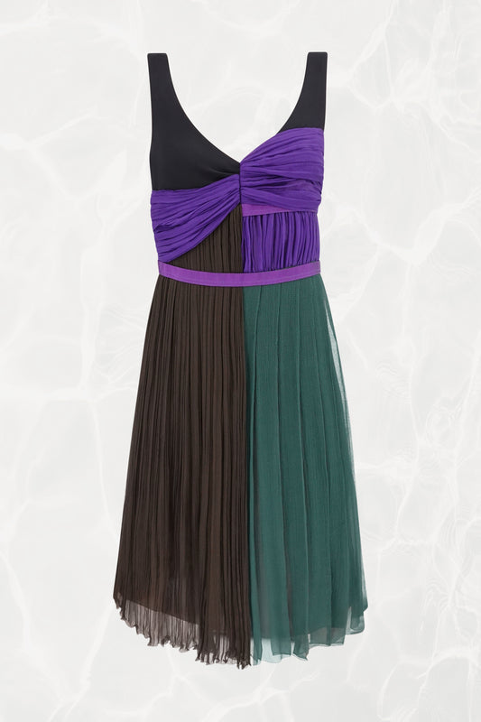 Vintage SS05 Pleated Draped Green & Purple Silk Chiffon Mini Dress