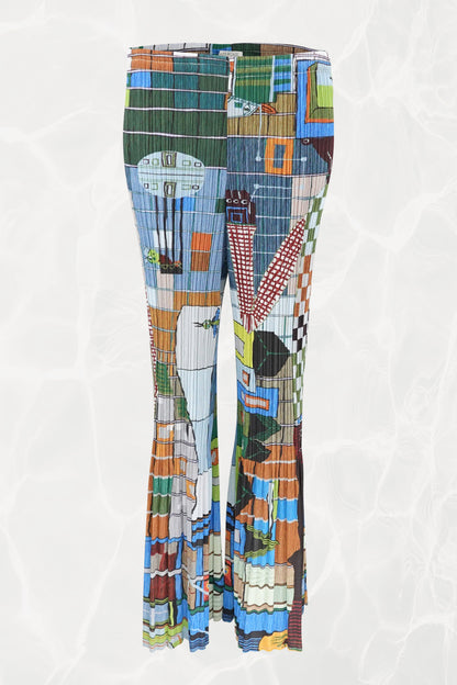 Pleats Please Issey Miyake 2001 archival print flare pants front view: full-length multicolor geometric graphic print on pleated stretch fabric, wide flared leg, 2001