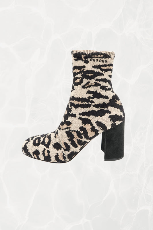 Leopard Print Jacquard Knit Ankle Sock Boots