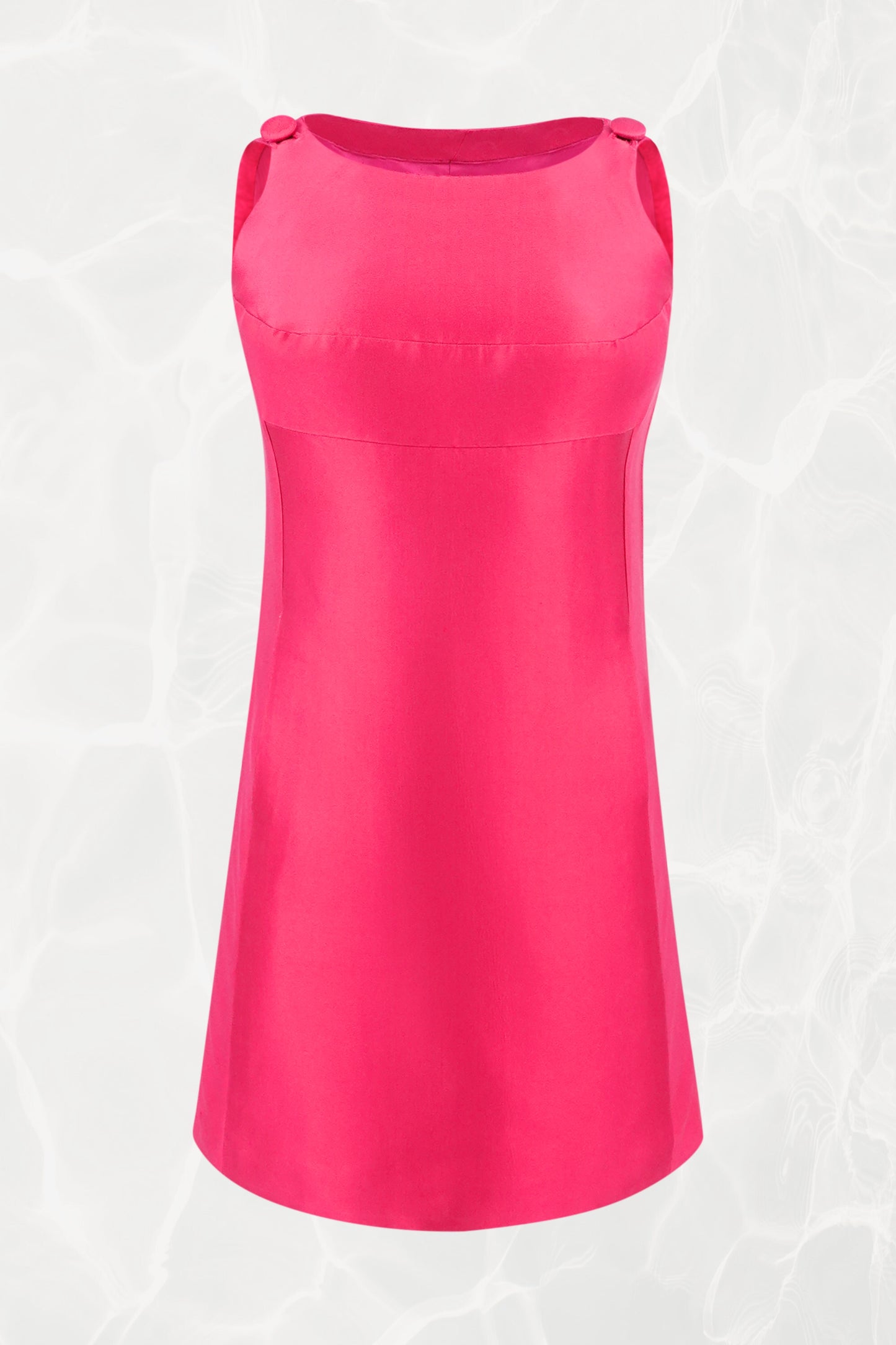 Vintage 1960s Fuchsia Shift Mini Dress, Covered Buttons and Asymmetric Hem