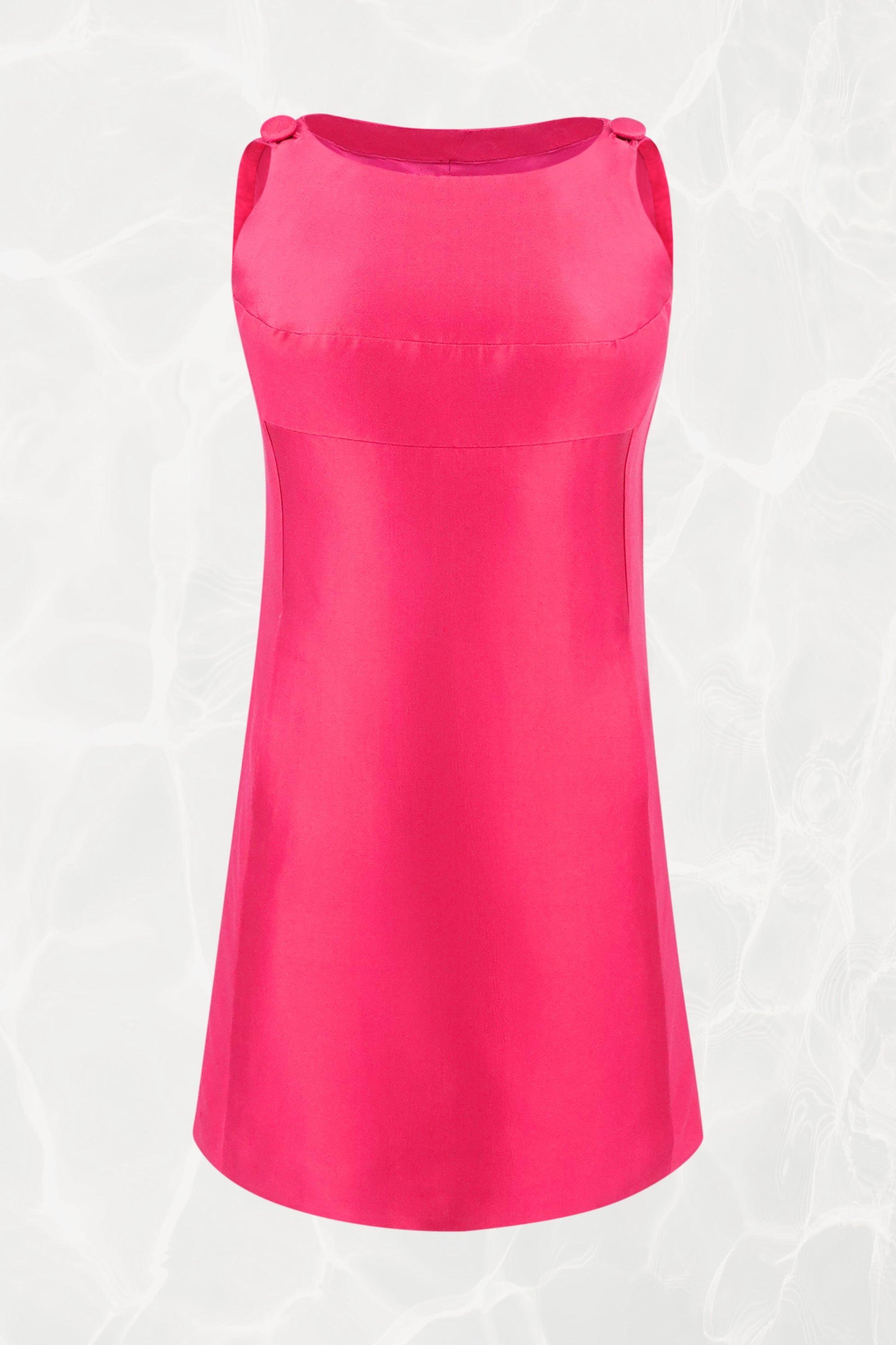 Vintage 1960s Fuchsia Shift Mini Dress, Covered Buttons and Asymmetric Hem