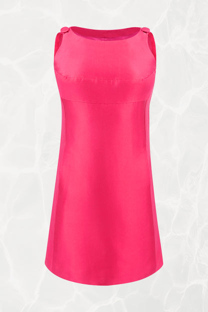 Vintage 1960s Fuchsia Shift Mini Dress, Covered Buttons and Asymmetric Hem