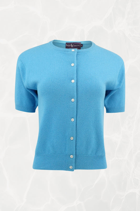 Ralph Lauren Purple Label cashmere cardigan, front view in capri blue — Disco Palma