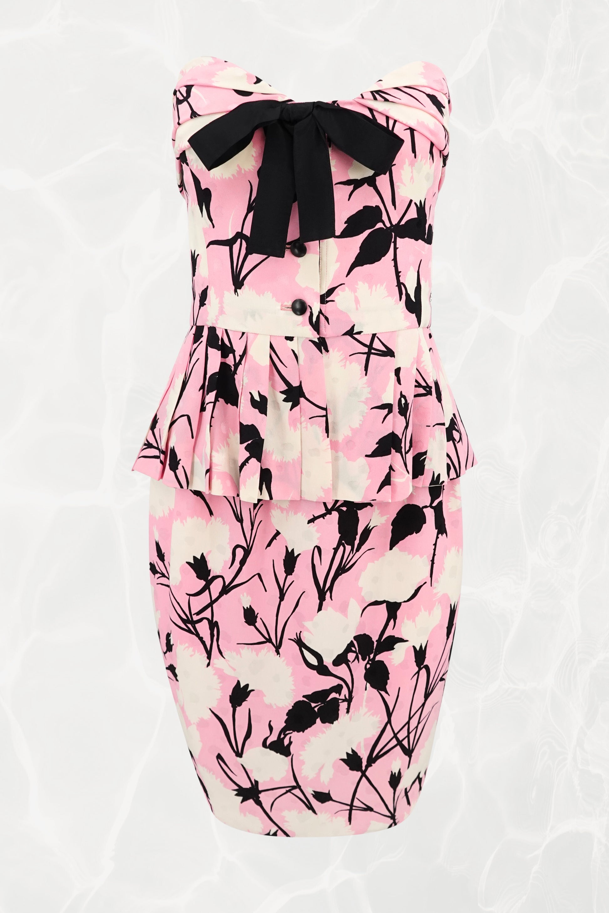 John Galliano for Dior silk bustier and skirt set, front view with black bow — Disco Palma