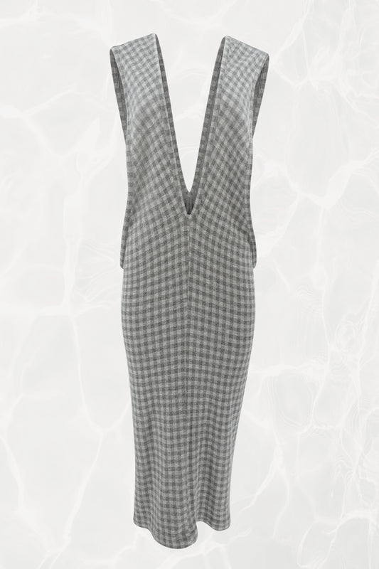 80's Tricot CDG Grey Gingham Wool Blend Plunge Maxi Dress