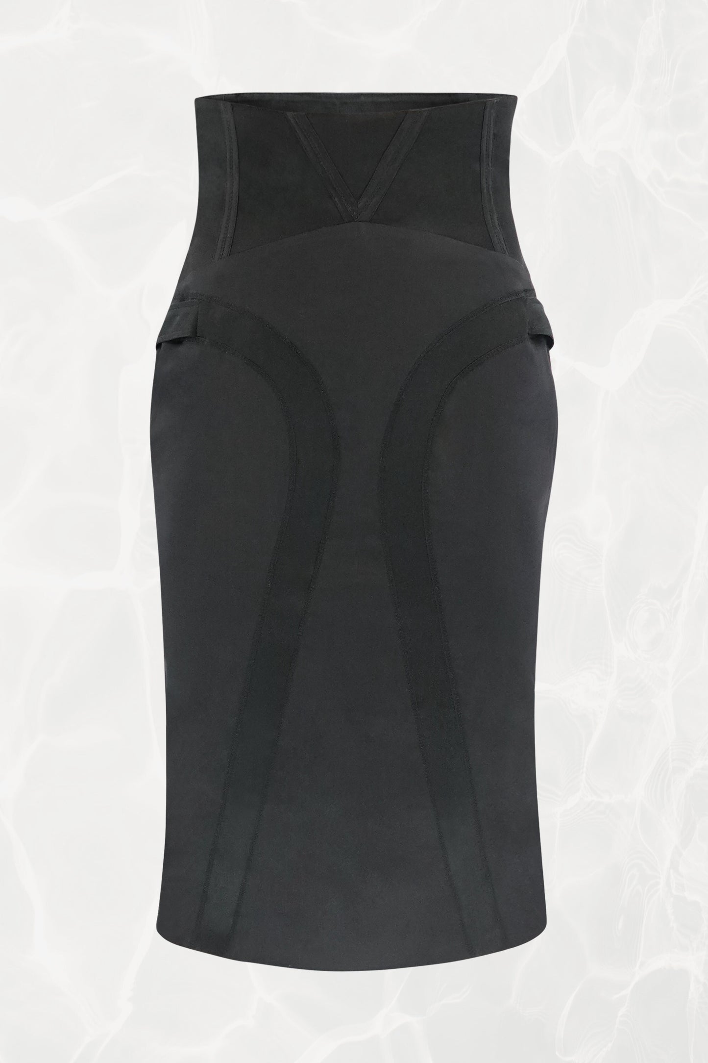 Tom Ford for Gucci FW03 black silk corset skirt front view: structured high waist with curved seam panel construction and side strap details, bias-cut pencil silhouette, Fall 2003