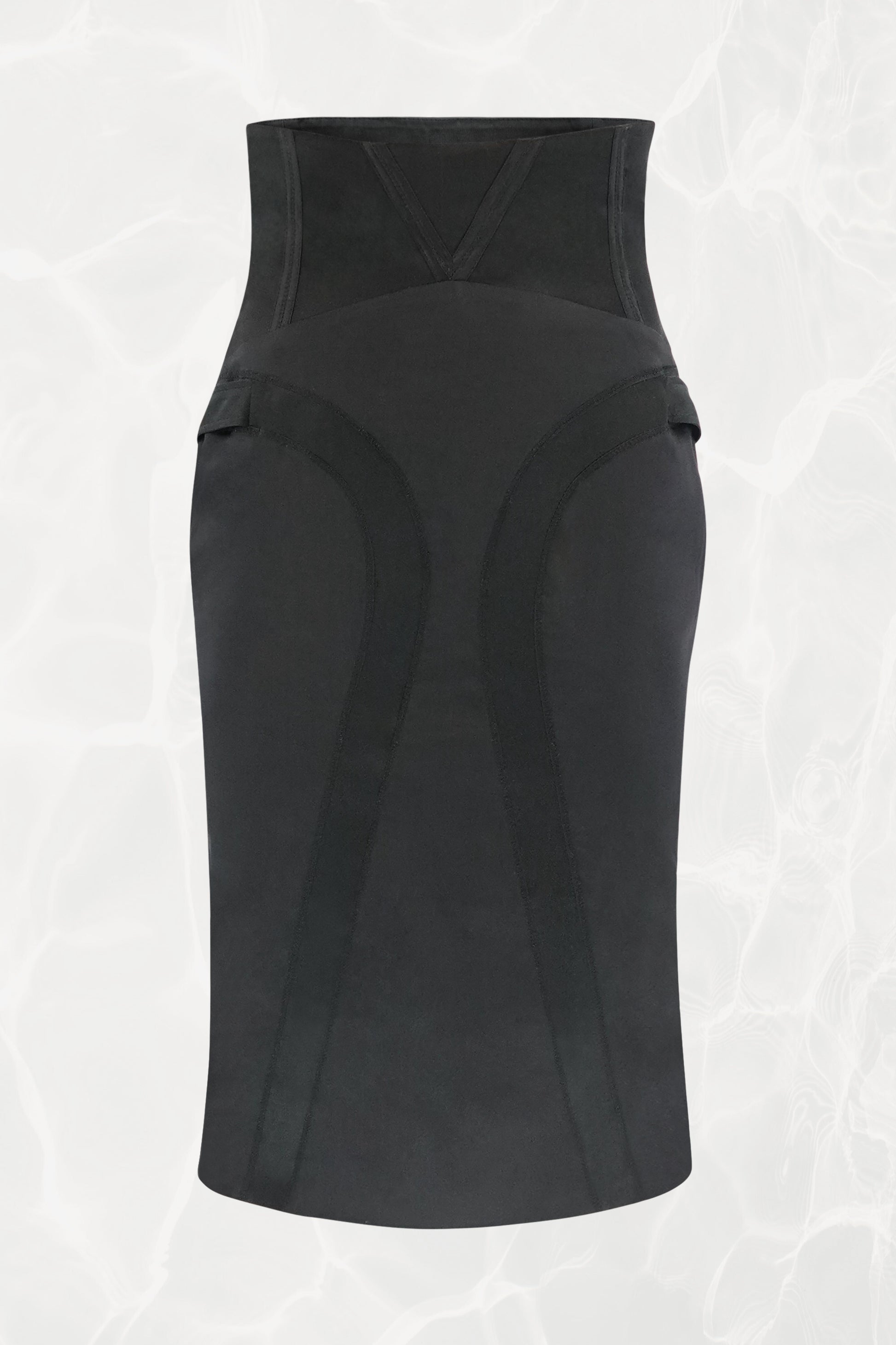 Tom Ford for Gucci FW03 black silk corset skirt front view: structured high waist with curved seam panel construction and side strap details, bias-cut pencil silhouette, Fall 2003