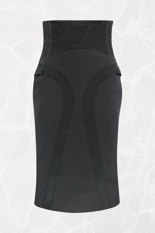Tom Ford for Gucci FW03 black silk corset skirt front view: structured high waist with curved seam panel construction and side strap details, bias-cut pencil silhouette, Fall 2003