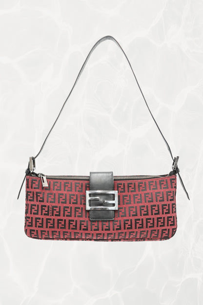 Fendi Zucchino FF monogram baguette, front view with black leather strap — Disco Palma