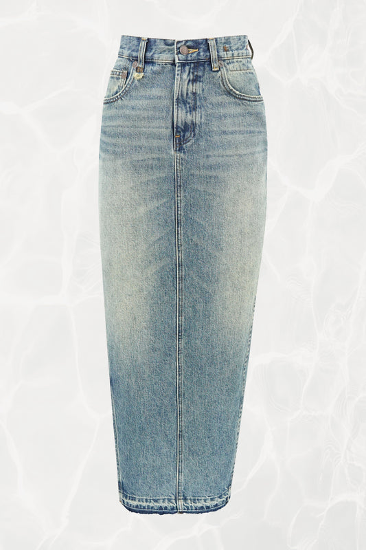 R13 light wash denim maxi pencil skirt, front view — Disco Palma