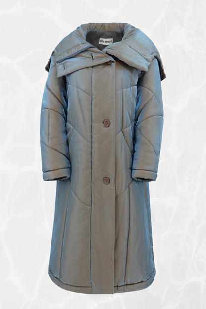 Fall 1993 Runway Iridescent Quilted Cocoon Coat with Hood