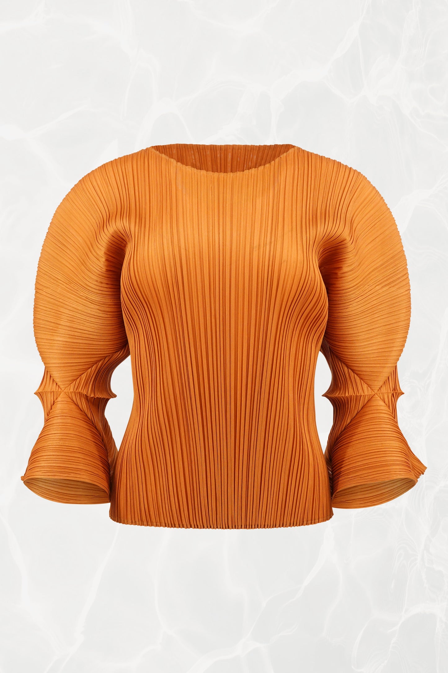 Issey Miyake Pleats Please marigold double-tulip sleeve top, front view — Disco Palma