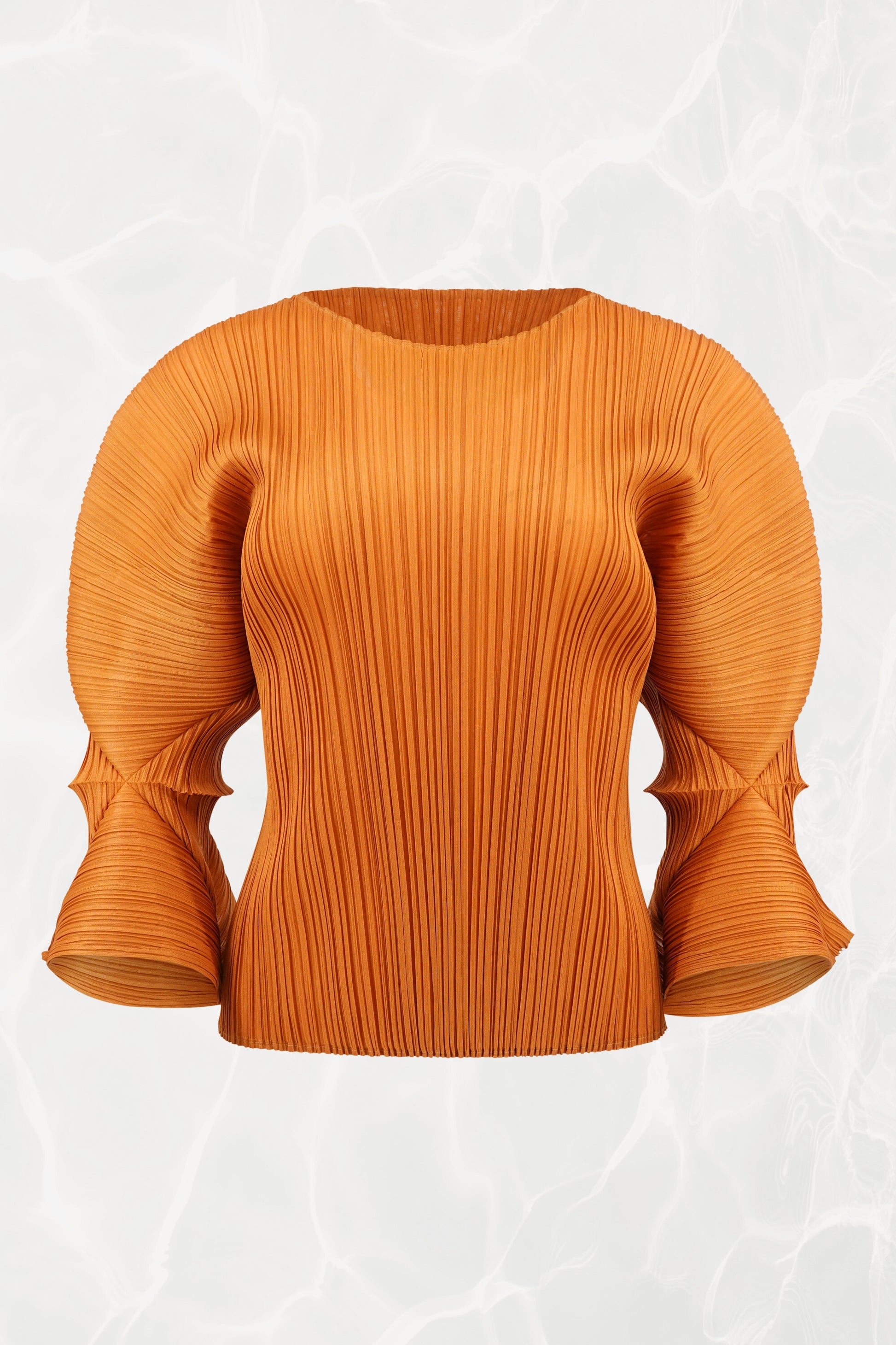 Issey Miyake Pleats Please marigold double-tulip sleeve top, front view — Disco Palma