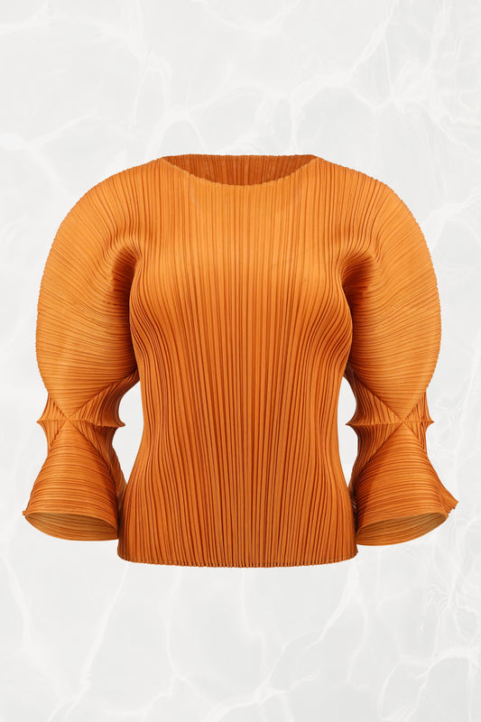 Issey Miyake Pleats Please marigold double-tulip sleeve top, front view — Disco Palma