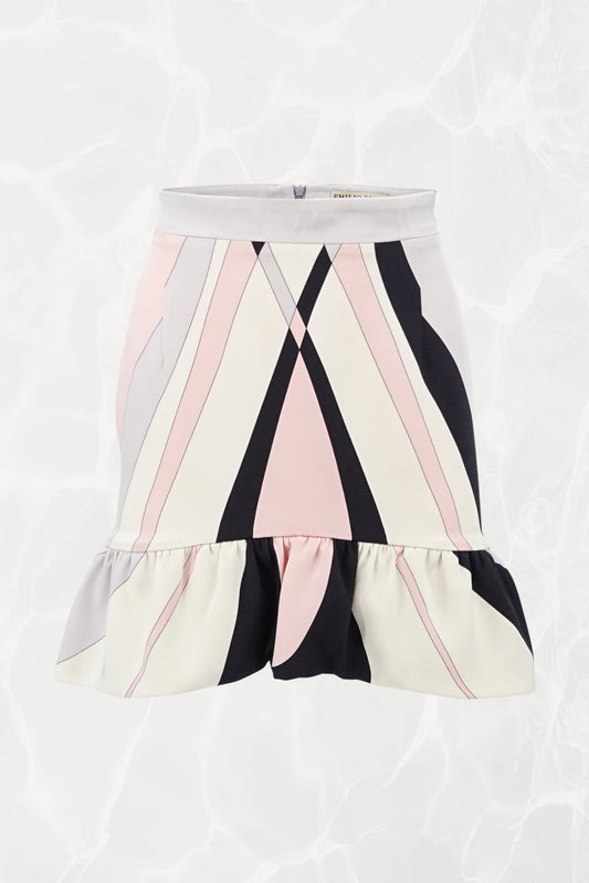 Structured Ruffle Printed Silk Mini Skirt