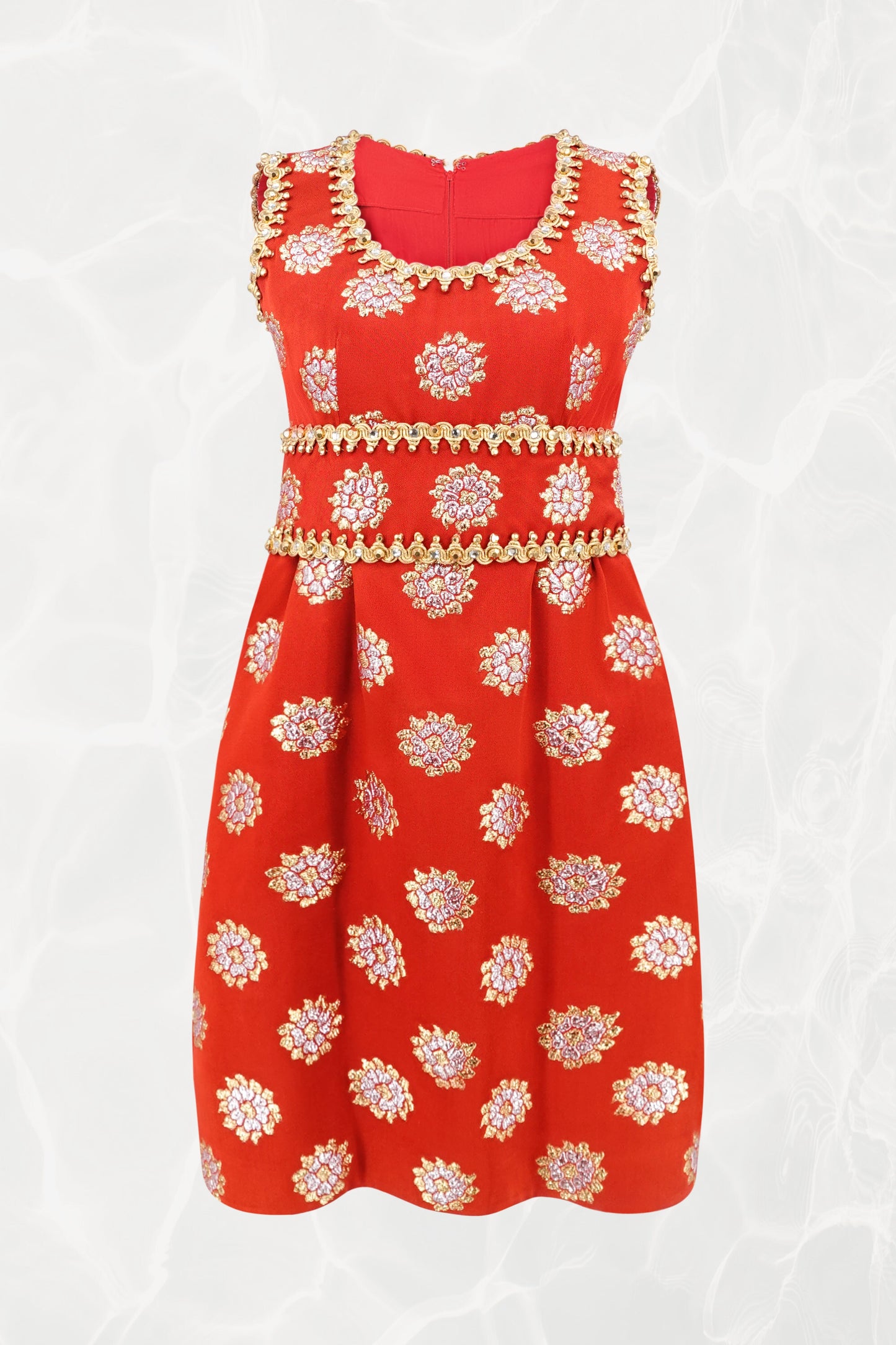 Oscar de la Renta 1960s red brocade bubble-hem cocktail dress, front view — Disco Palma