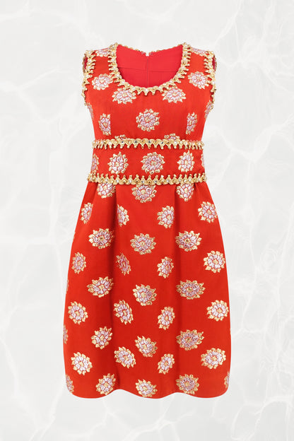 Oscar de la Renta 1960s red brocade bubble-hem cocktail dress, front view — Disco Palma