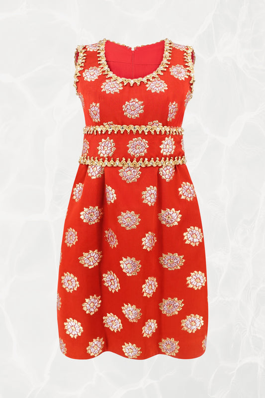 Oscar de la Renta 1960s red brocade bubble-hem cocktail dress, front view — Disco Palma