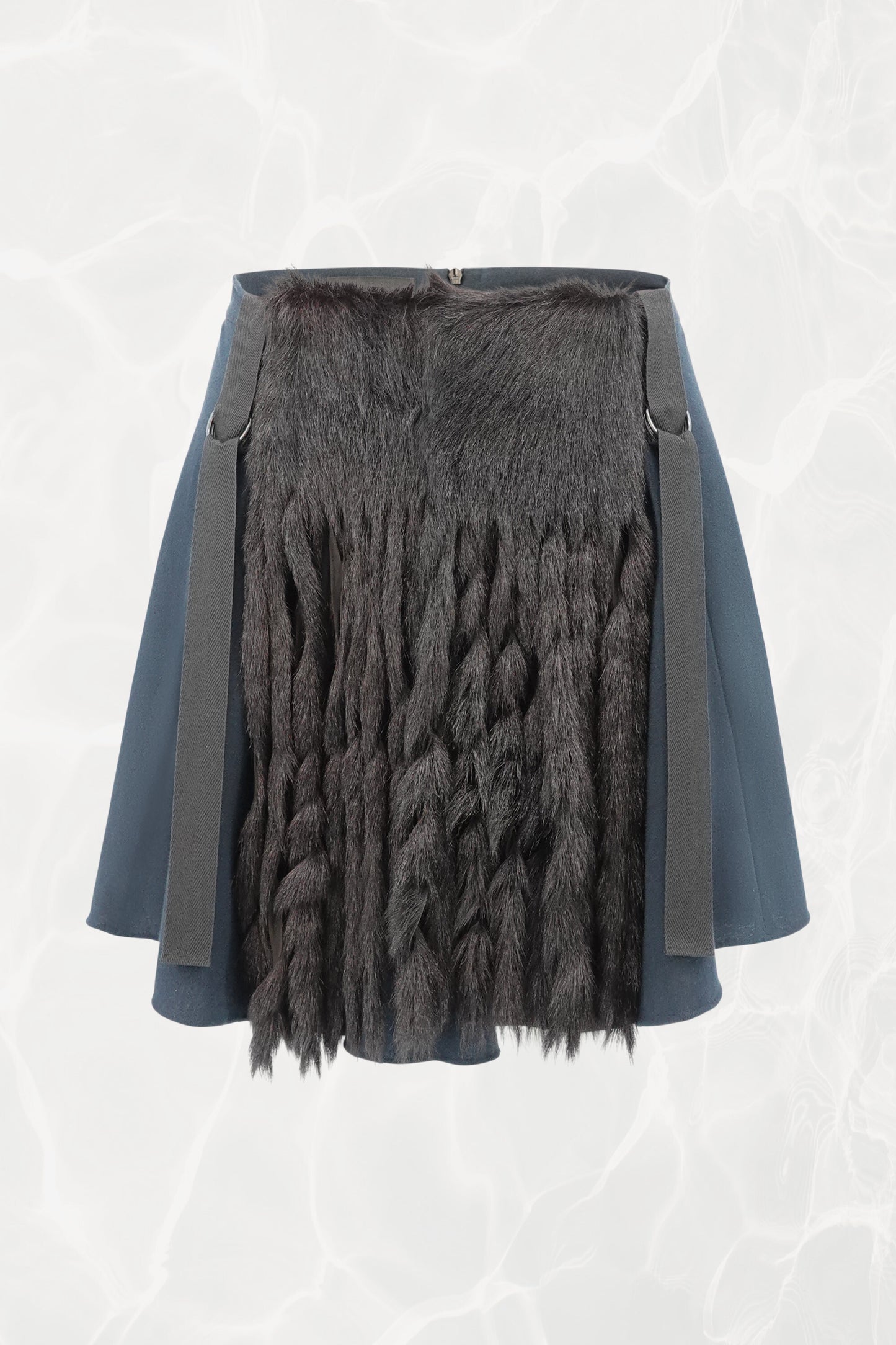 AW03 Black & Navy Fringe Goat Fur Mini Skirt with Bondage Straps
