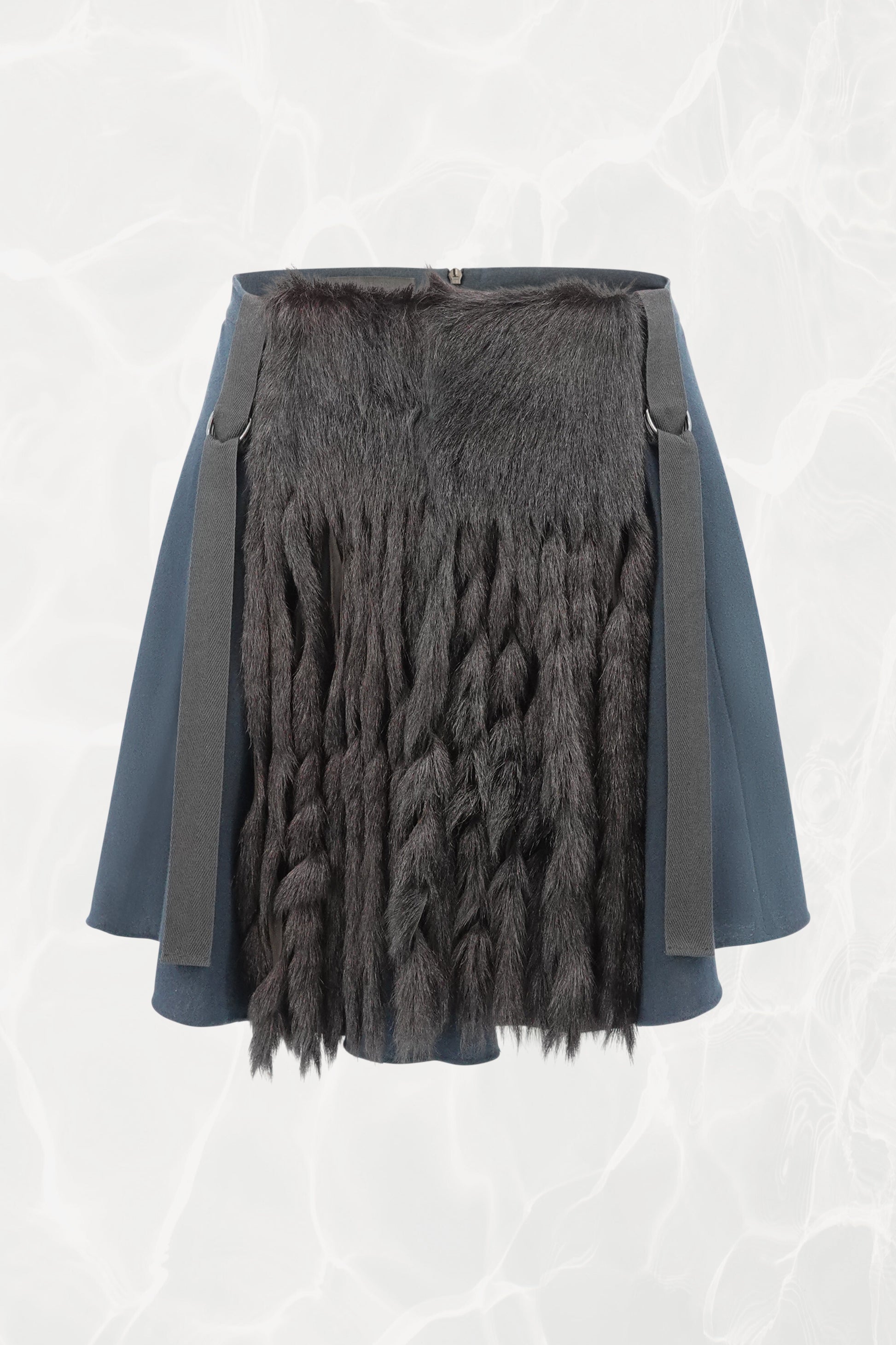 AW03 Black & Navy Fringe Goat Fur Mini Skirt with Bondage Straps