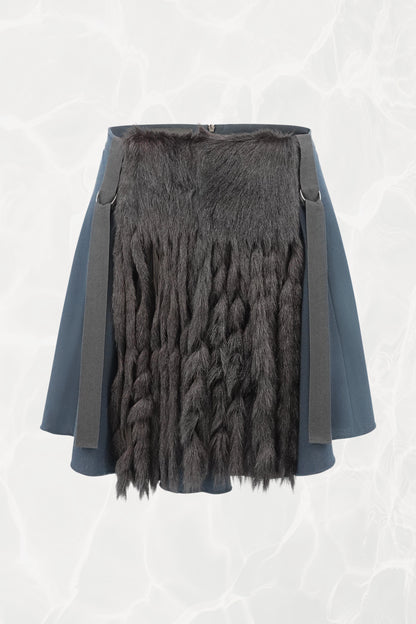 AW03 Black & Navy Fringe Goat Fur Mini Skirt with Bondage Straps