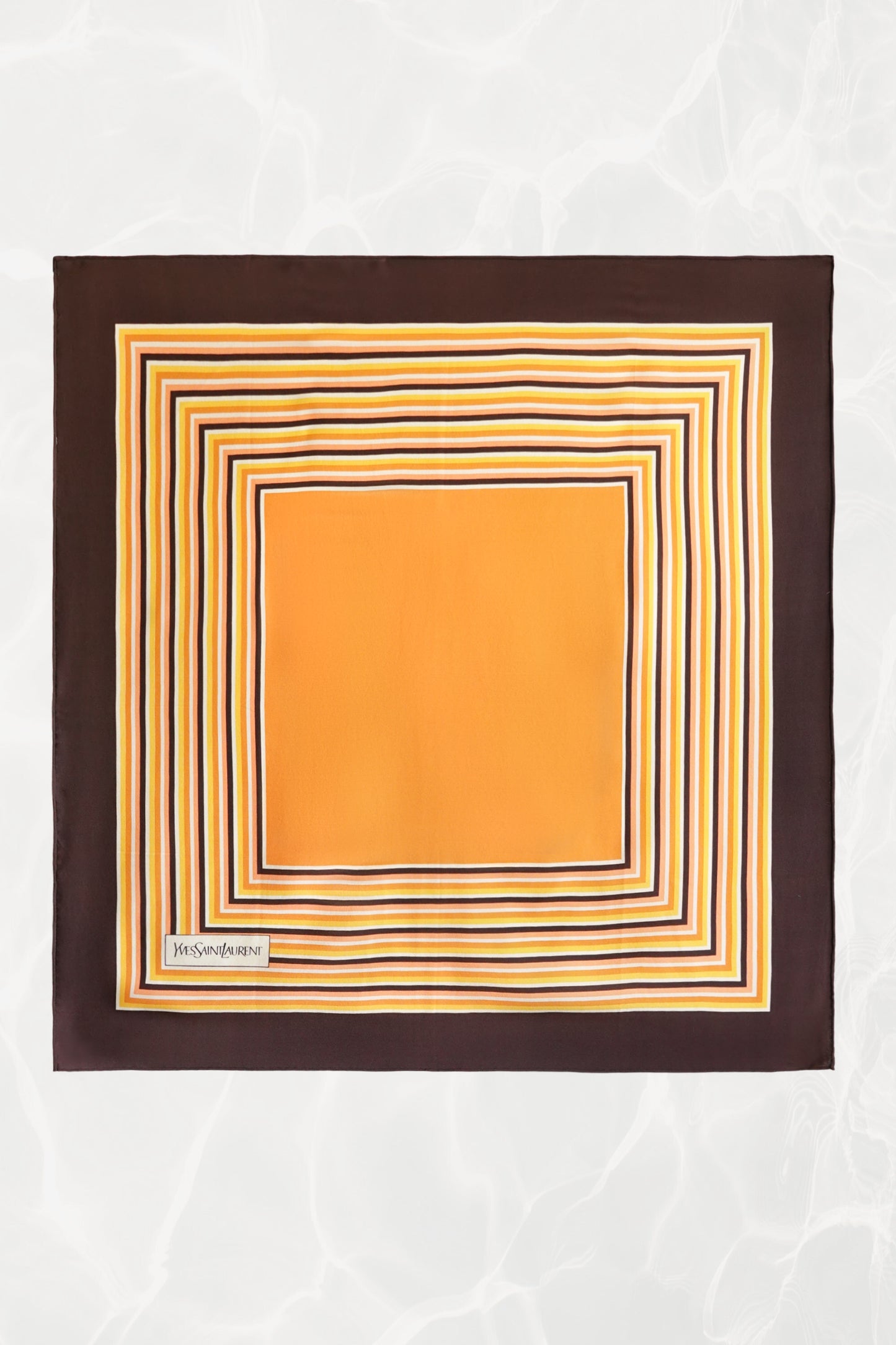 1970s YSL Yves Saint Laurent silk scarf: full front view showing concentric square stripe border print in rich brown and orange tones, laid flat