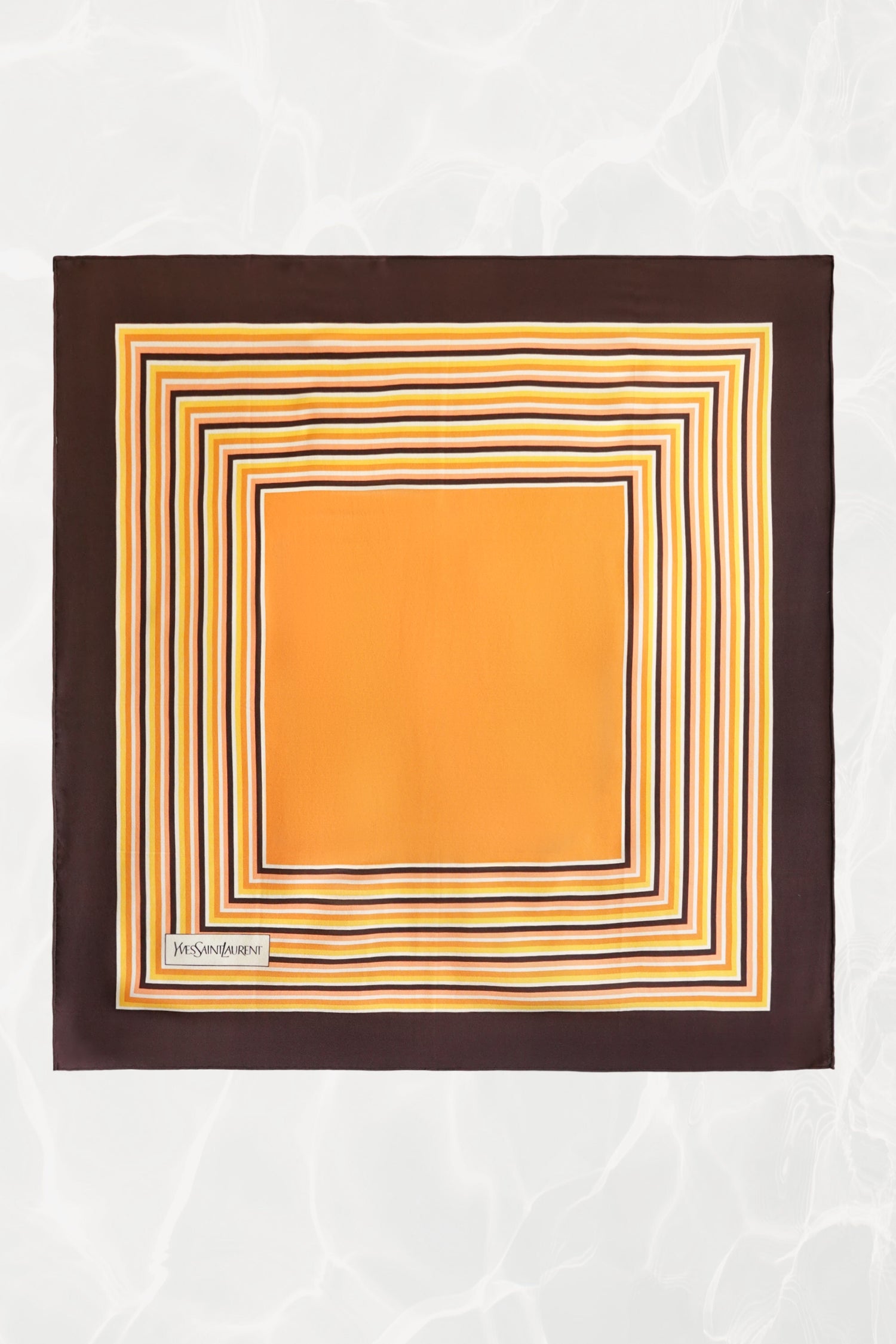 1970s YSL Yves Saint Laurent silk scarf: full front view showing concentric square stripe border print in rich brown and orange tones, laid flat