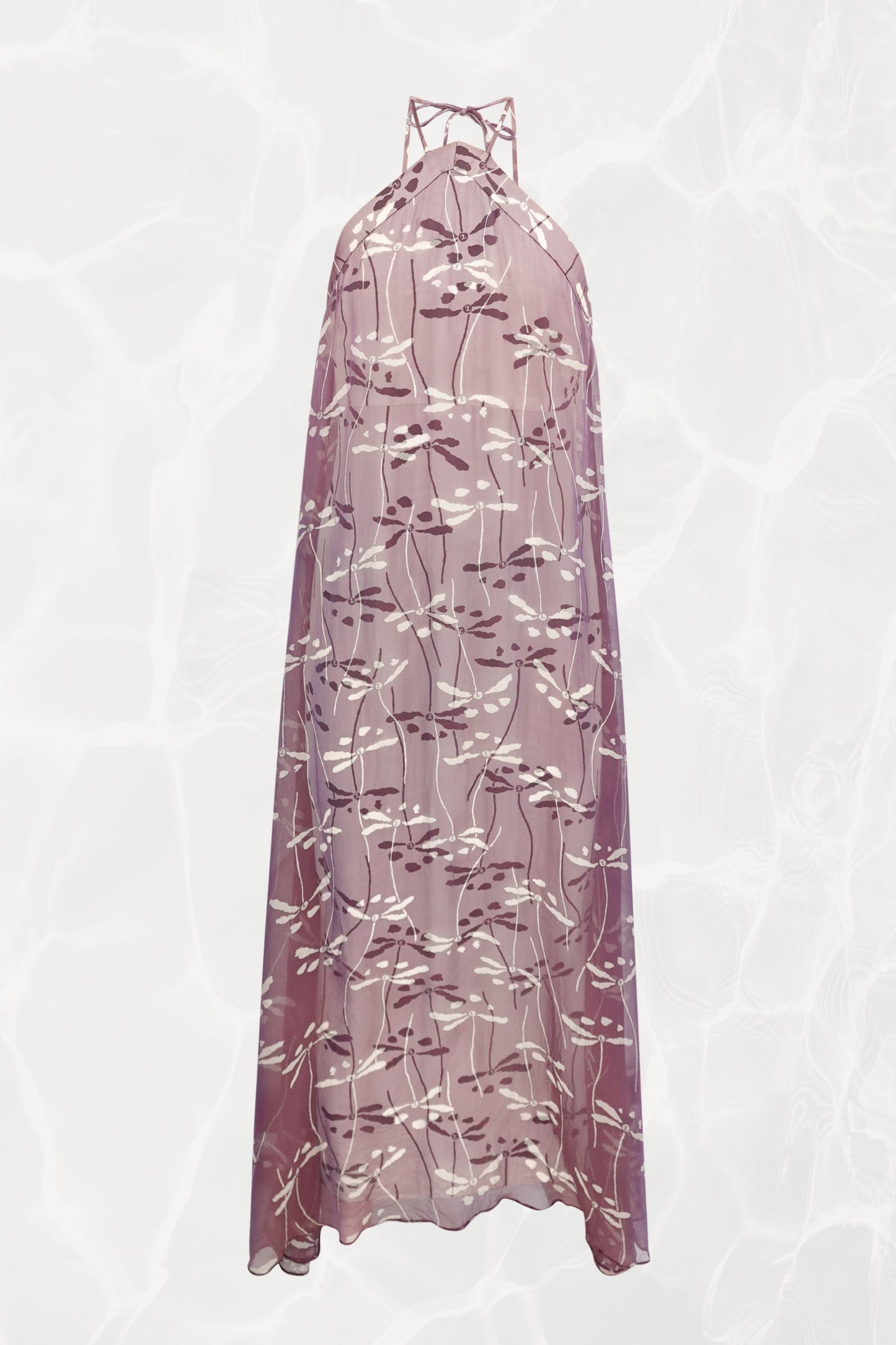 Chanel 98P dragonfly print maxi dress front view: halter neckline with tie straps, sheer mauve silk chiffon overlay with allover dragonfly print, full-length, Spring 1998