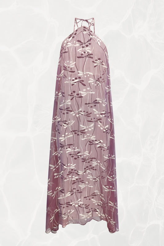 Chanel 98P dragonfly print maxi dress front view: halter neckline with tie straps, sheer mauve silk chiffon overlay with allover dragonfly print, full-length, Spring 1998