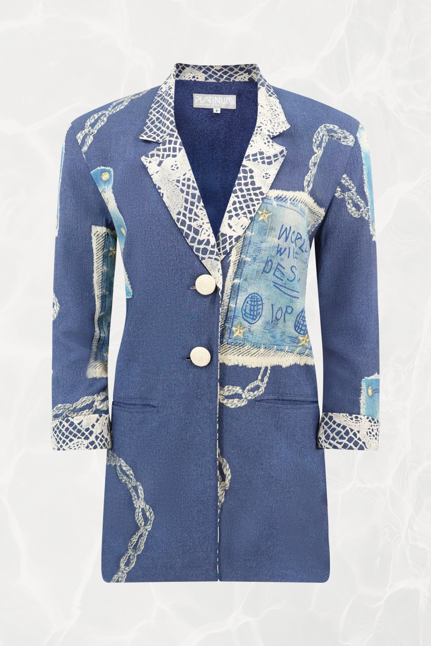 Vintage Late 1980s "World Wide Design" Novelty Print Crepe Blazer