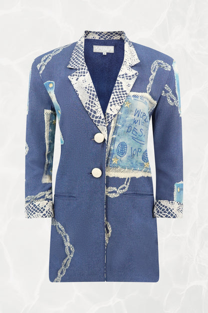 Vintage Late 1980s "World Wide Design" Novelty Print Crepe Blazer