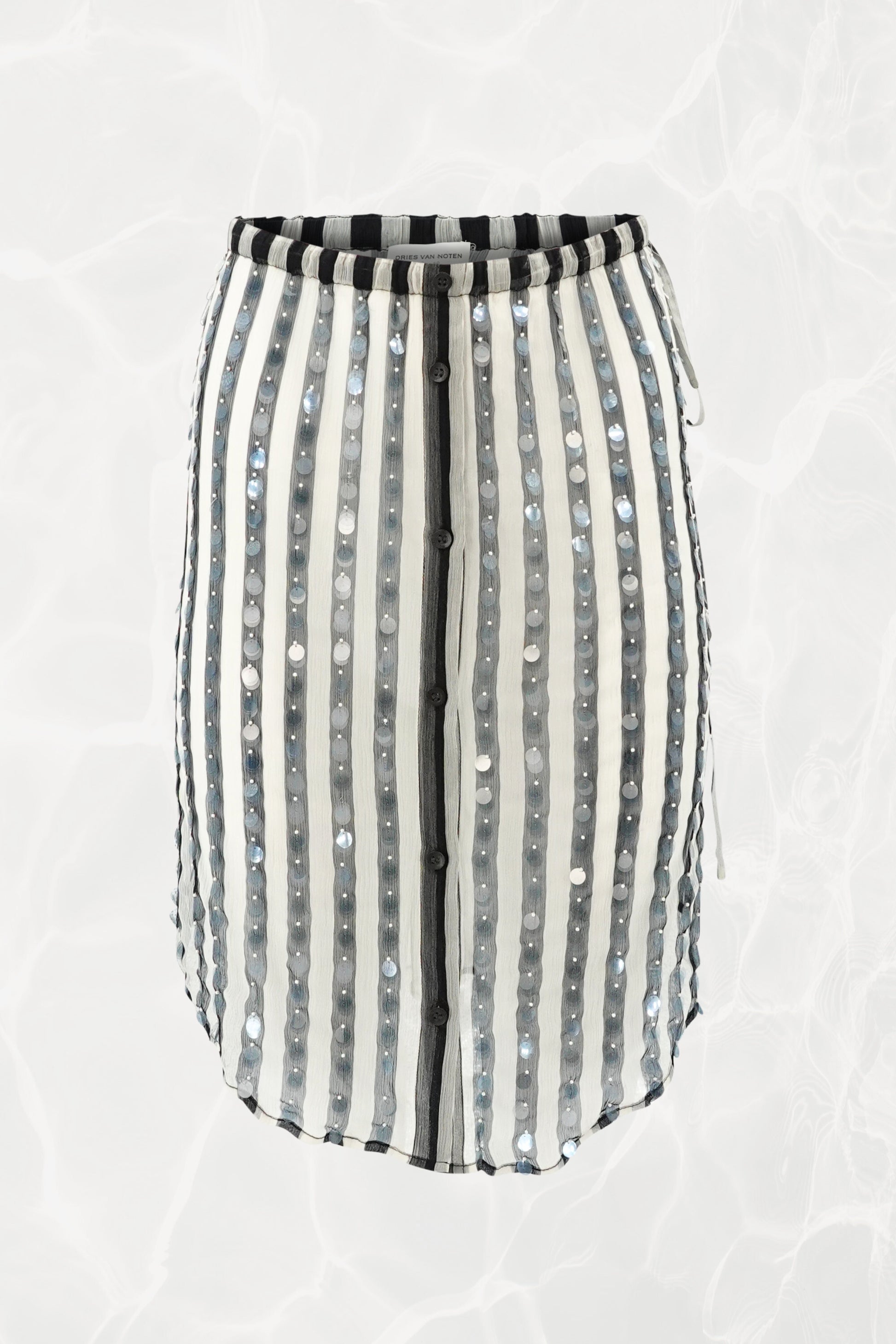SS24 Silk Chiffon Sequin Stripe Button-Front Drawstring Skirt