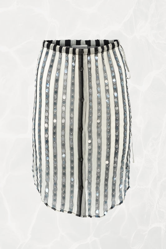 SS24 Silk Chiffon Sequin Stripe Button-Front Drawstring Skirt