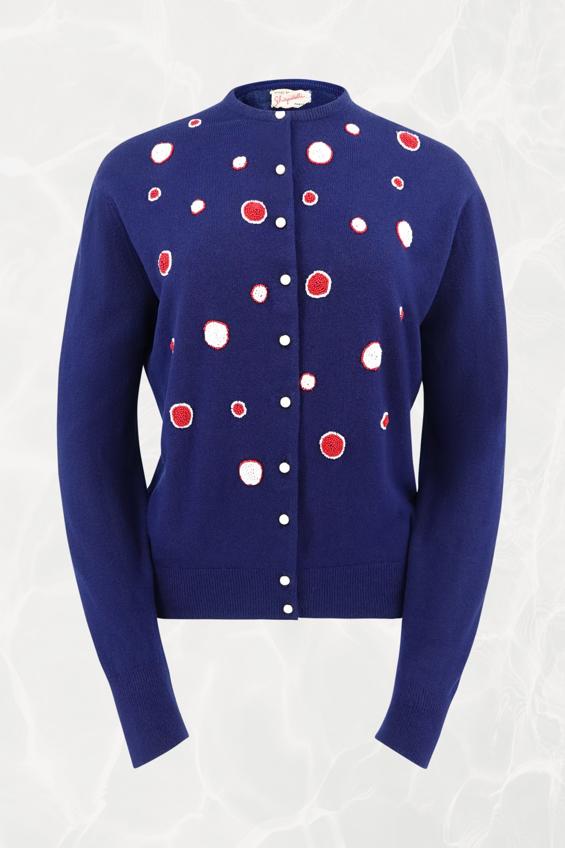 Schiaparelli vintage navy cardigan, front view — Disco Palma