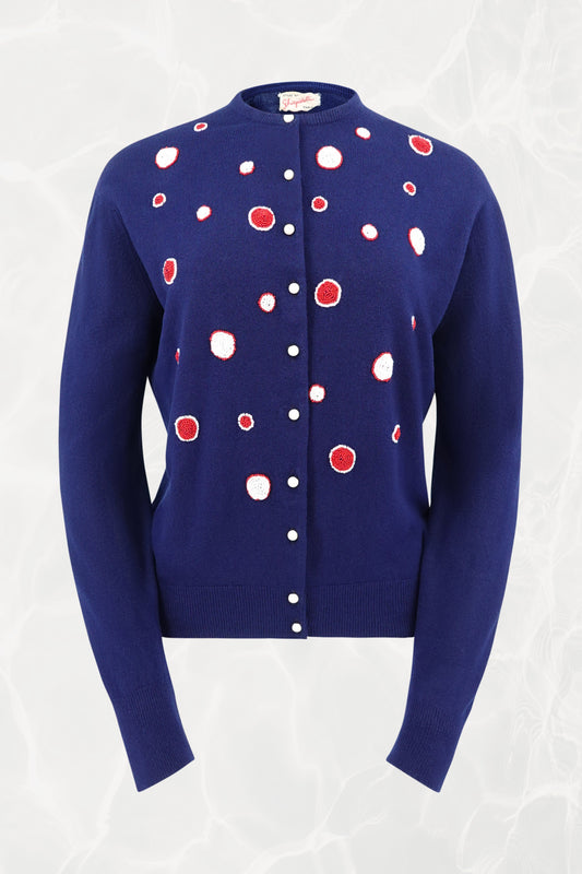 Schiaparelli vintage navy cardigan, front view — Disco Palma