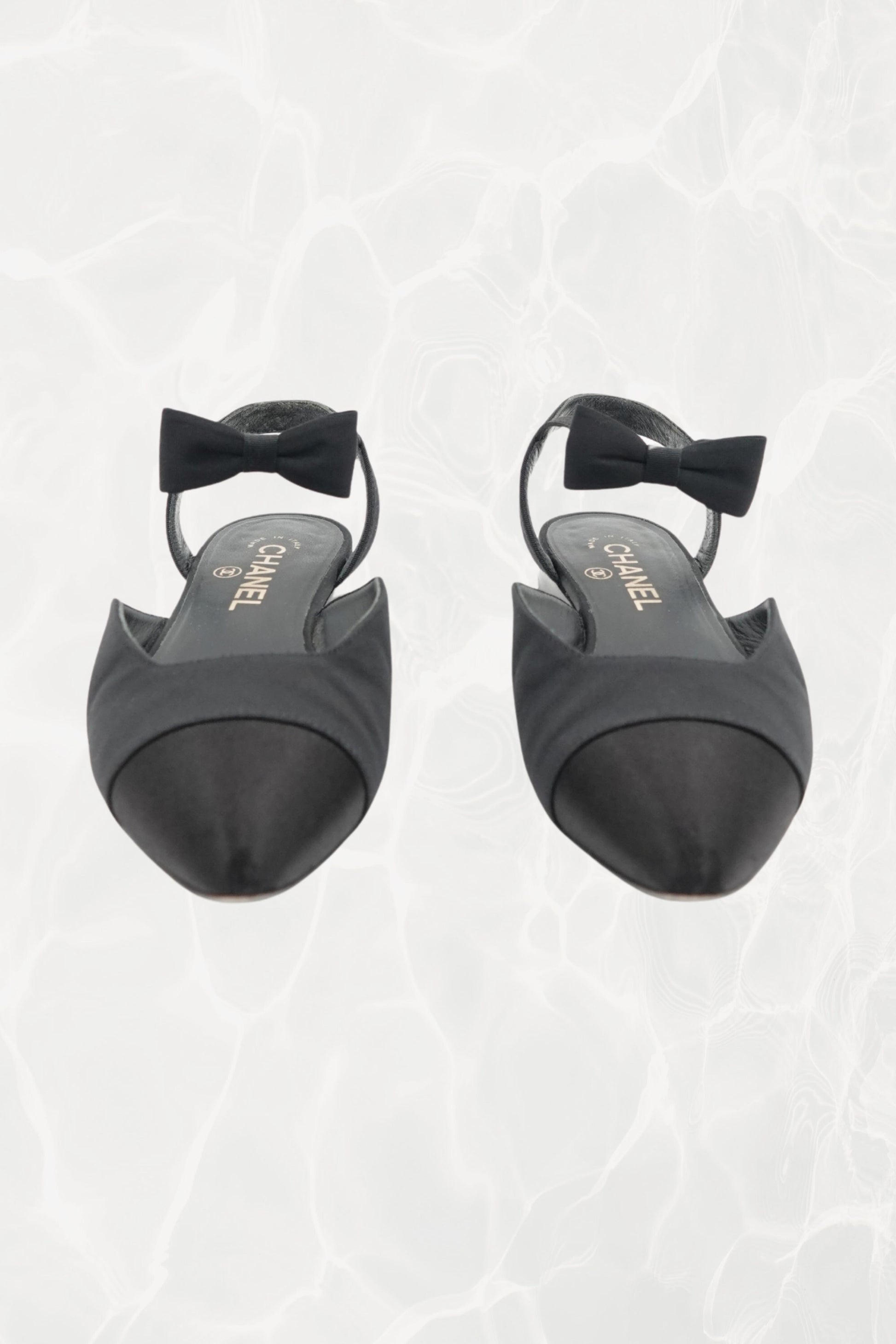 Chanel black grosgrain and satin bow slingback flats, pair front view — Disco Palma
