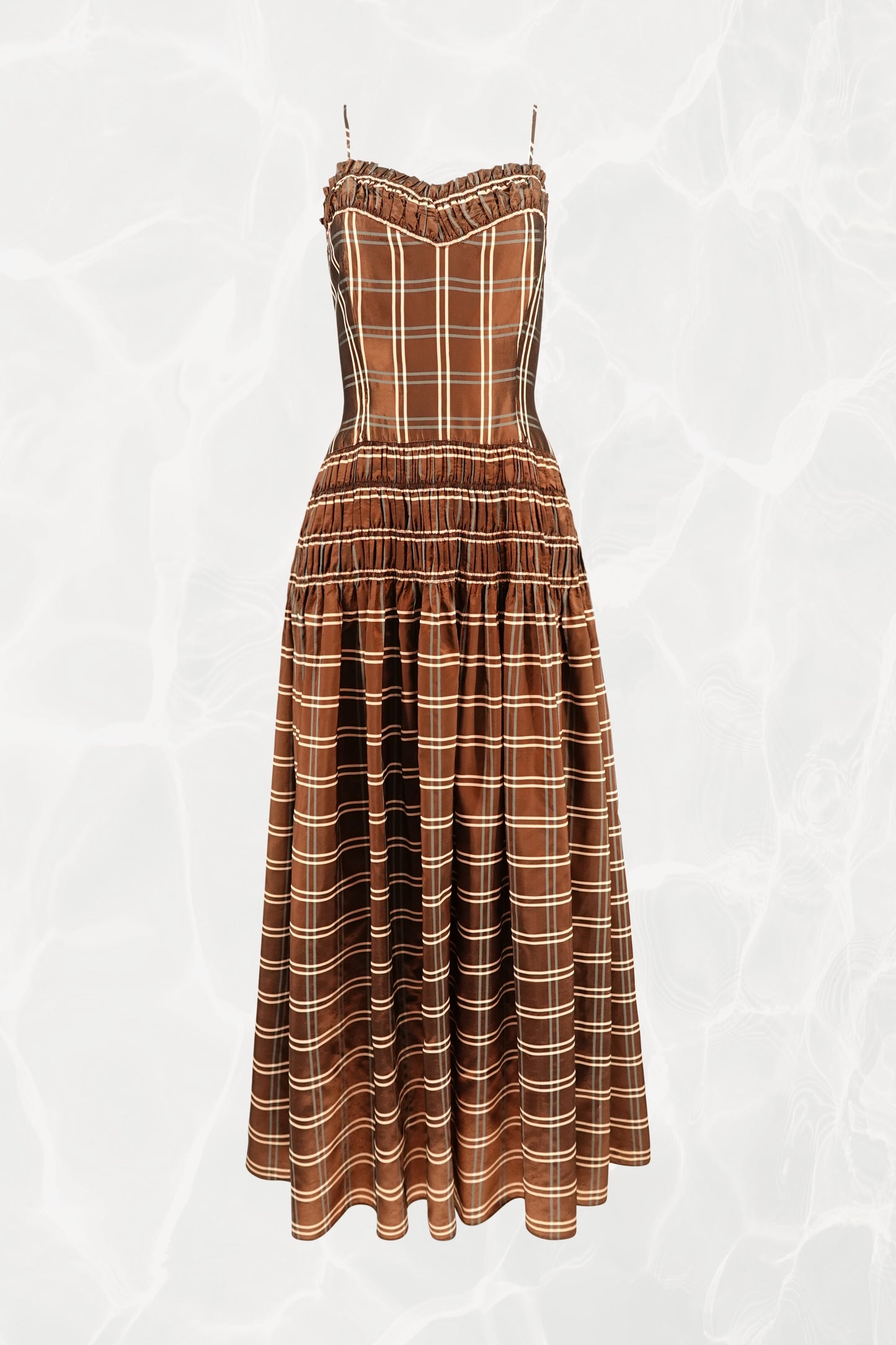 Party Lines by Domb 1940s brown plaid taffeta gown, front view — Disco Palma