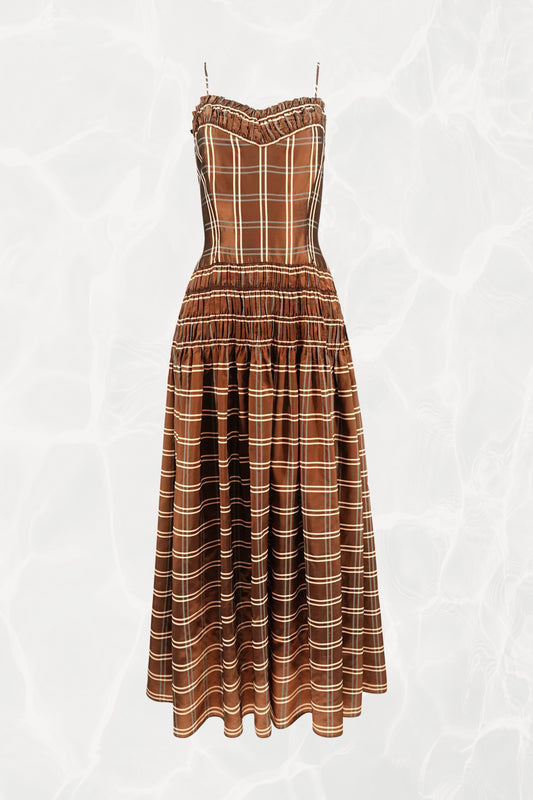Party Lines by Domb 1940s brown plaid taffeta gown, front view — Disco Palma