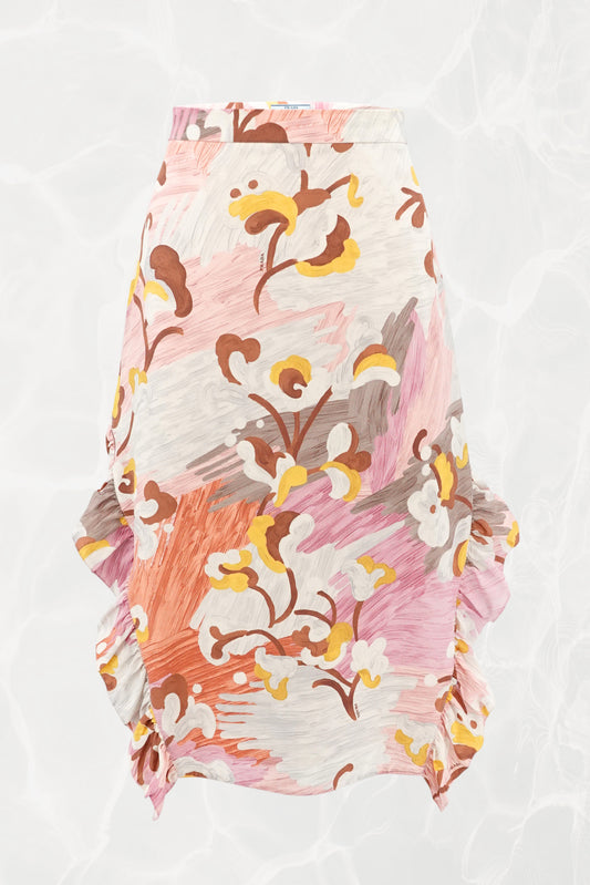 Vintage Floral Brushstroke Printed Silk Ruffle Midi Skirt