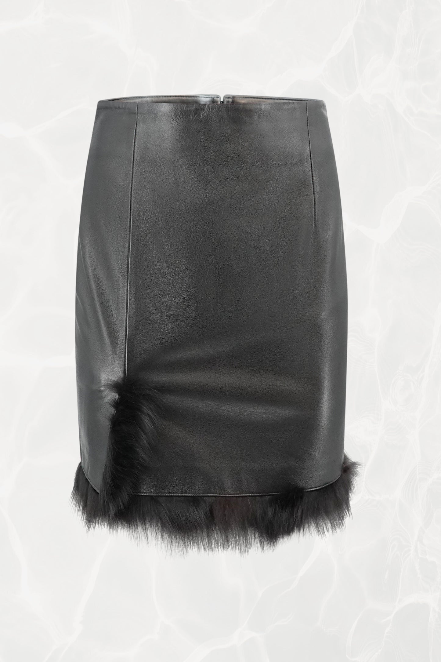 Vintage Black Lamb Leather Pencil Skirt with Fox Fur Trim