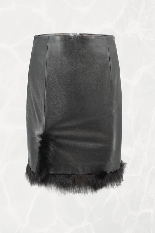 Vintage Black Lamb Leather Pencil Skirt with Fox Fur Trim