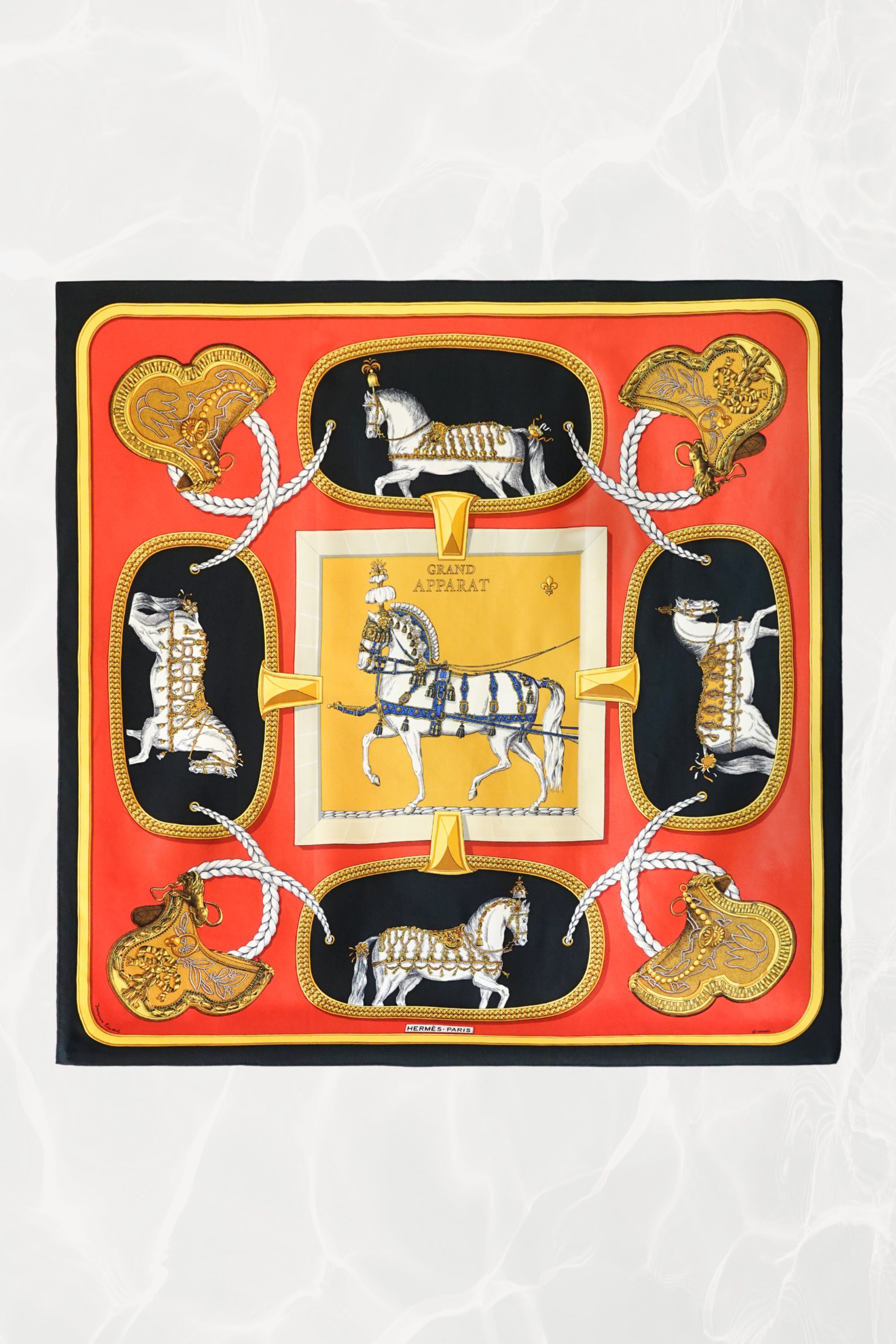 Hermès Grand Apparat Carré 90 silk twill scarf, red and gold equestrian motif, vintage 1970s–80s
