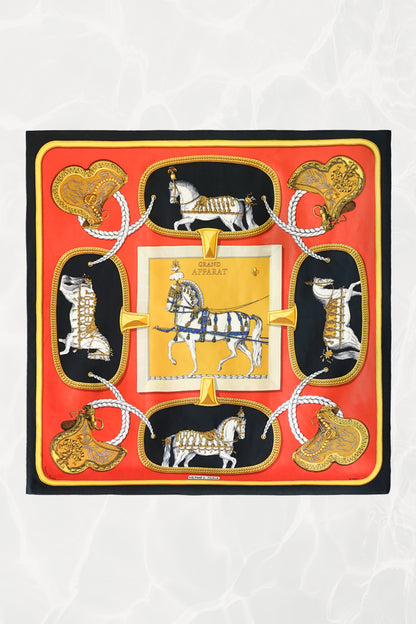 Hermès Grand Apparat Carré 90 silk twill scarf, red and gold equestrian motif, vintage 1970s–80s
