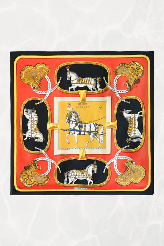 Hermès Grand Apparat Carré 90 silk twill scarf, red and gold equestrian motif, vintage 1970s–80s
