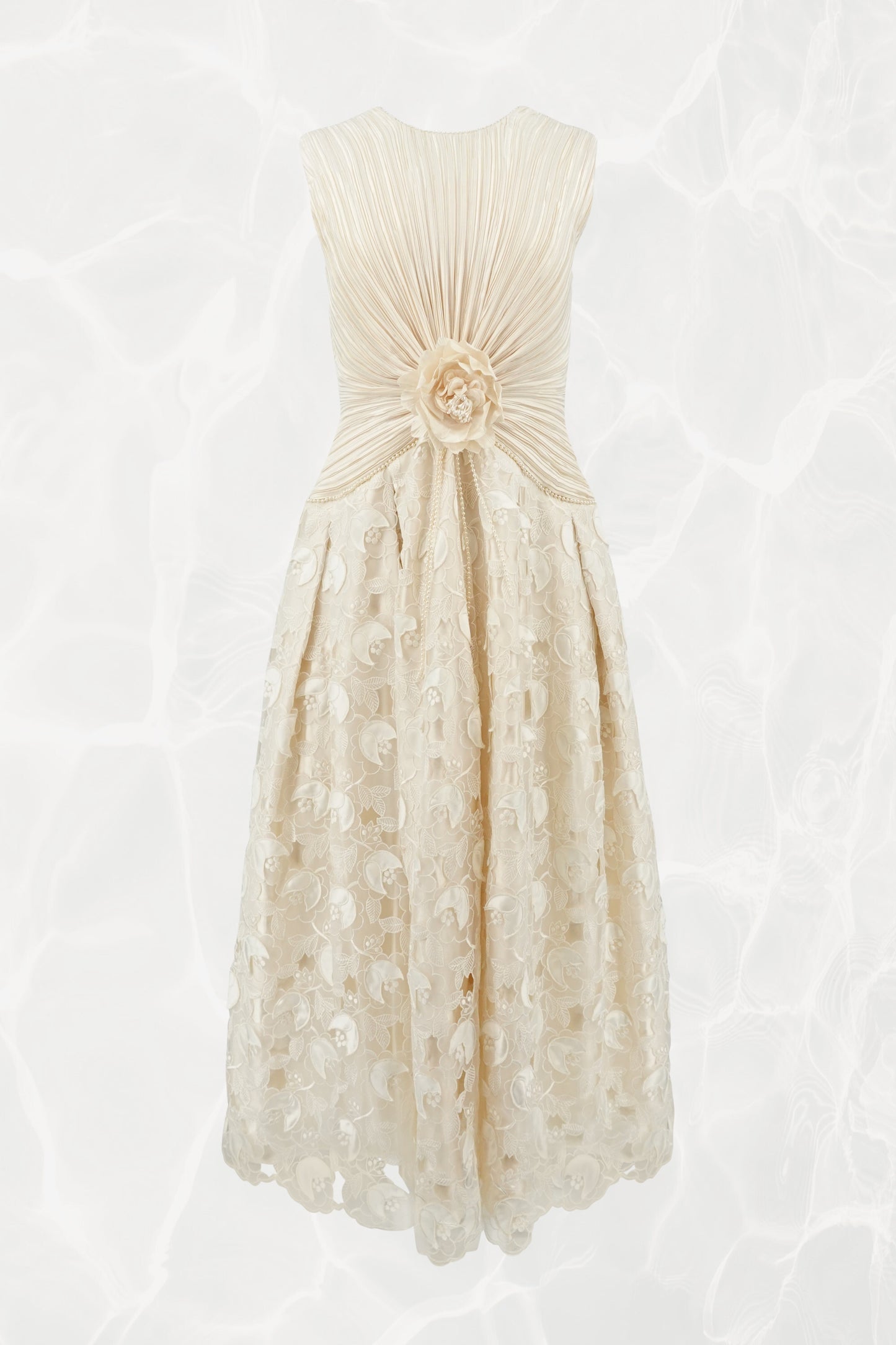 Vintage 1990s Ivory Pleated Bodice Satin Appliqué Ball Gown