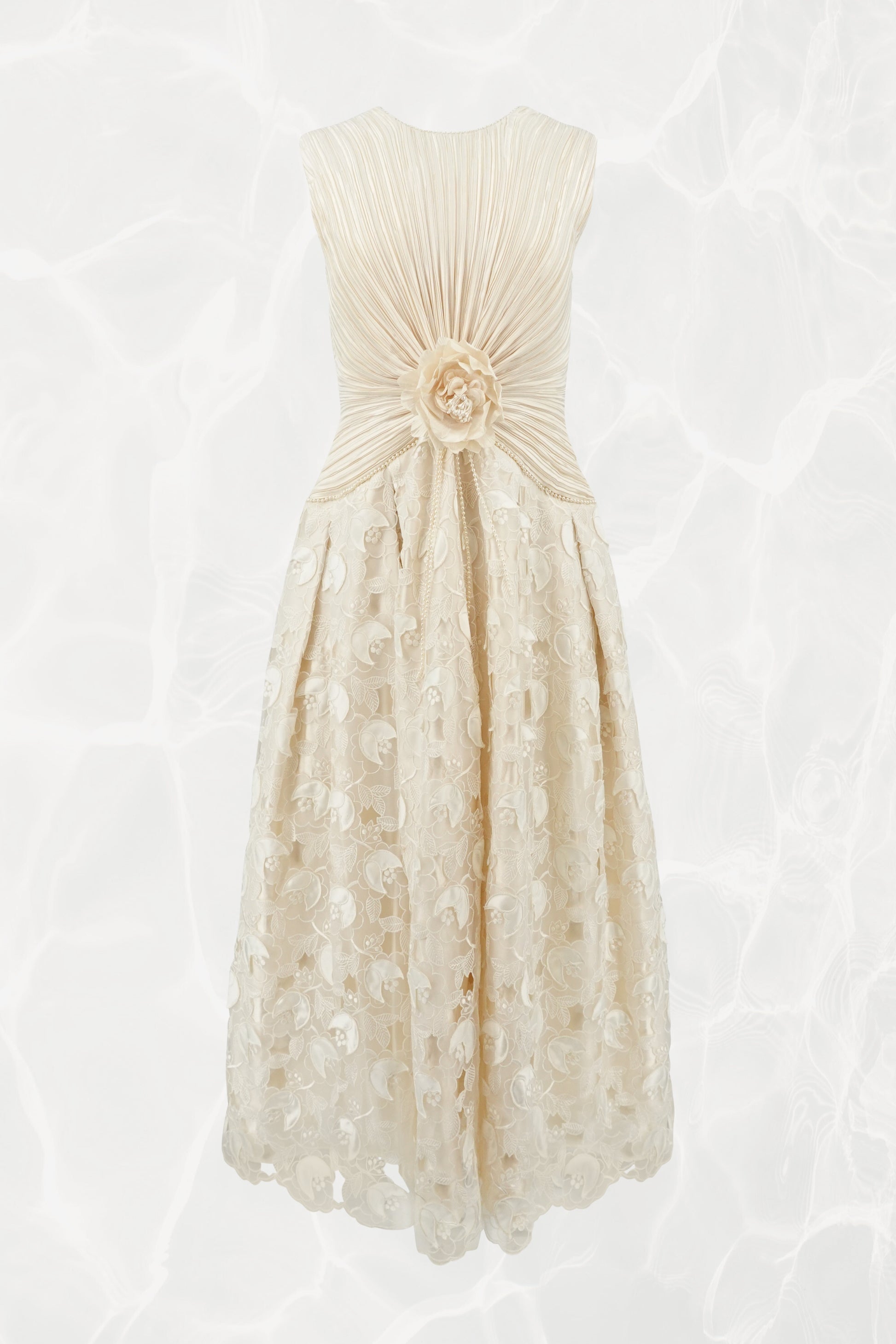 Vintage 1990s Ivory Pleated Bodice Satin Appliqué Ball Gown